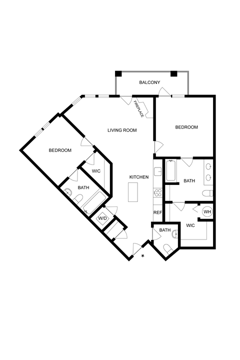 Floor plan for 2 beds, 2.5 baths, 918 sqft